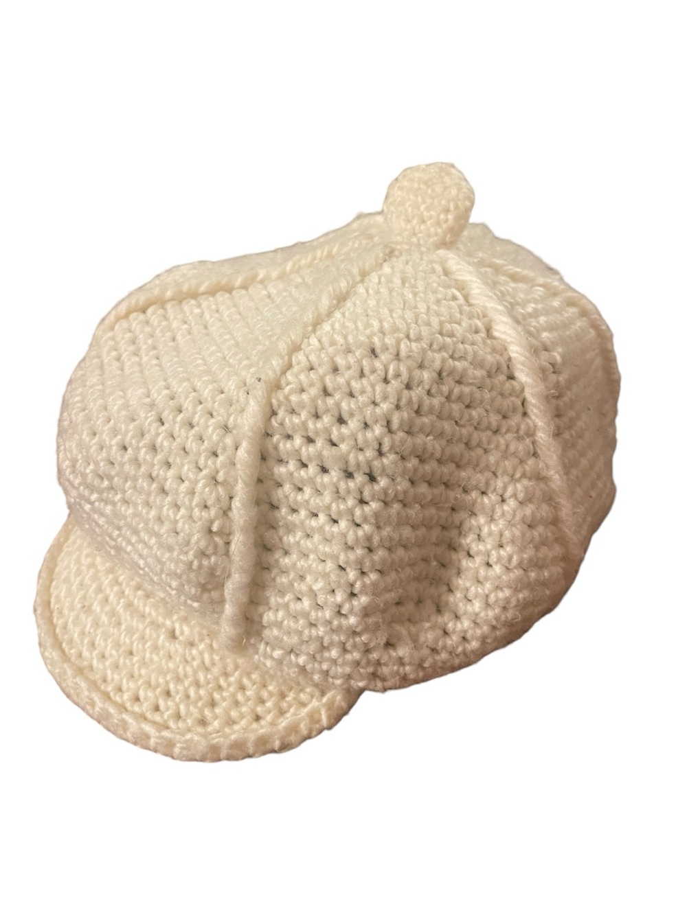 Vintage Cream Crochet Newsboy Cap | Knit Visor Beanie Hat